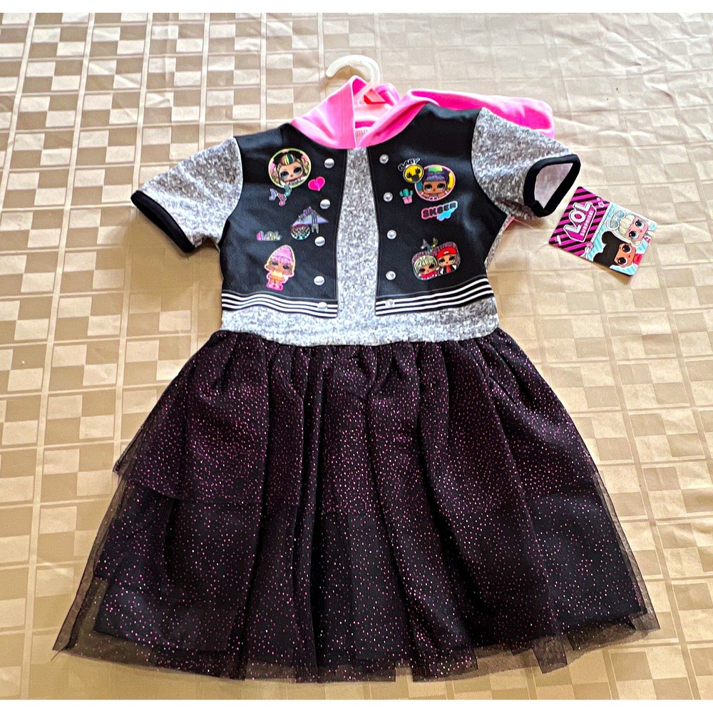 LOL Surprise! Girls Hooded Fit Flare Tulle Dress Black Pink Silver 4 5 costume